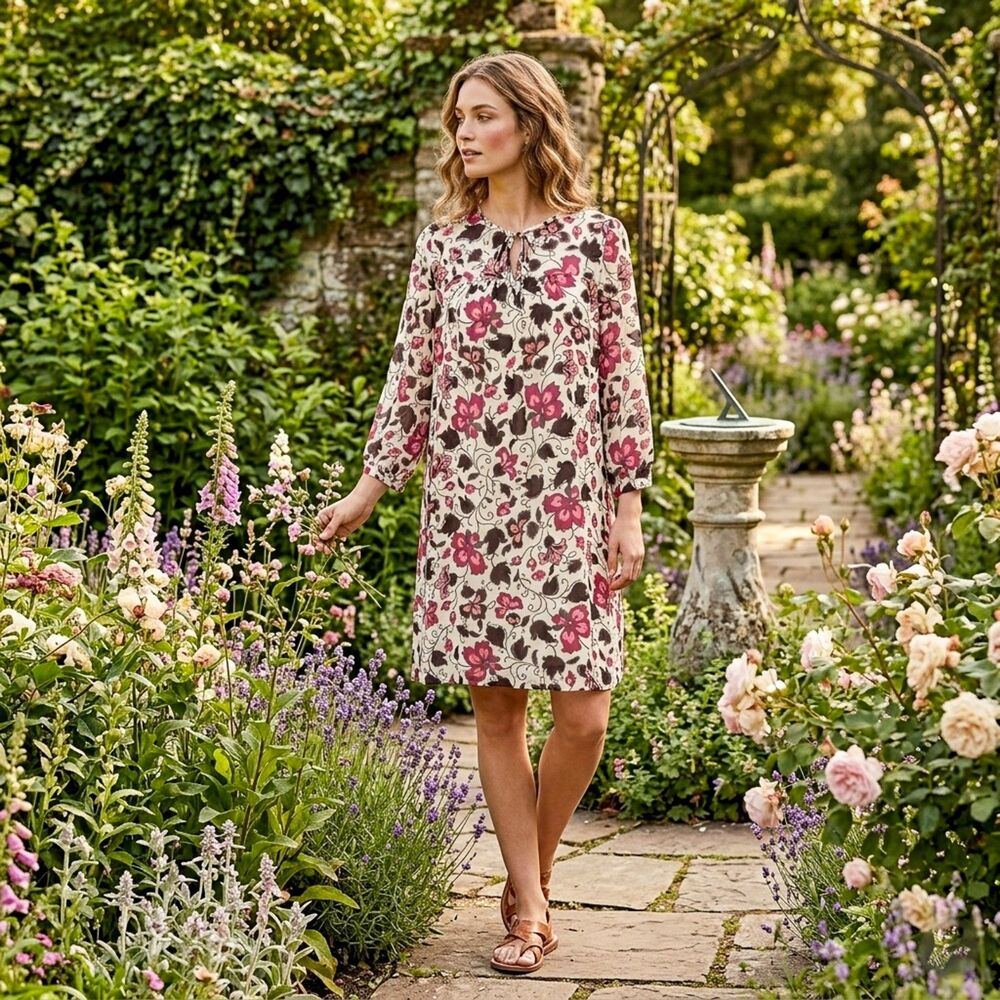 LOFT Floral Print Tie-Neck Shift Dress - Pink & Brown, Size M